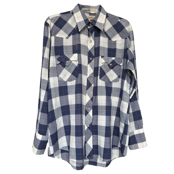 Vintage Other - Vintage Plaid Western Pearl Snap Shirt Size Medium Blue Cowboy 70s 80s